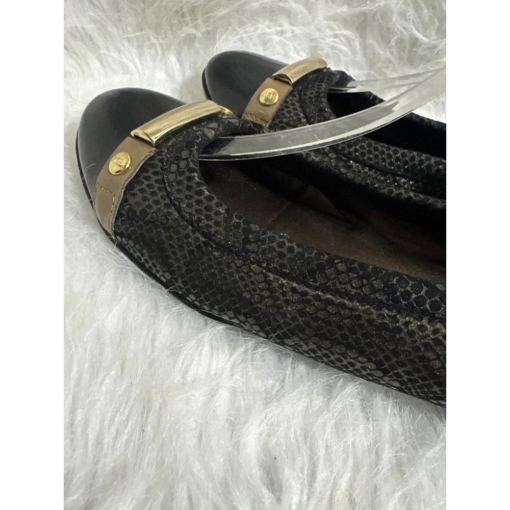 AGL Attilio Giusti Leombruni Black Snakeskin Patent Cap Toe Ballet Flats 38.5 EU
